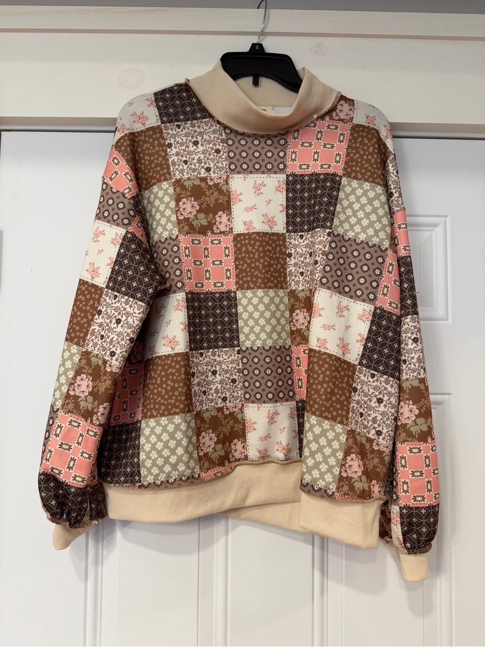 NWT Patchwork Print Pullover Sweatshirt - Pink & Brown
